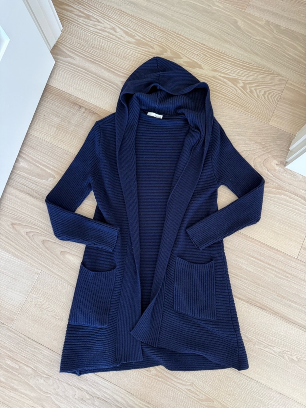 Honey Belle Navy Ribbed Hooded Open Cardigan with Pockets
